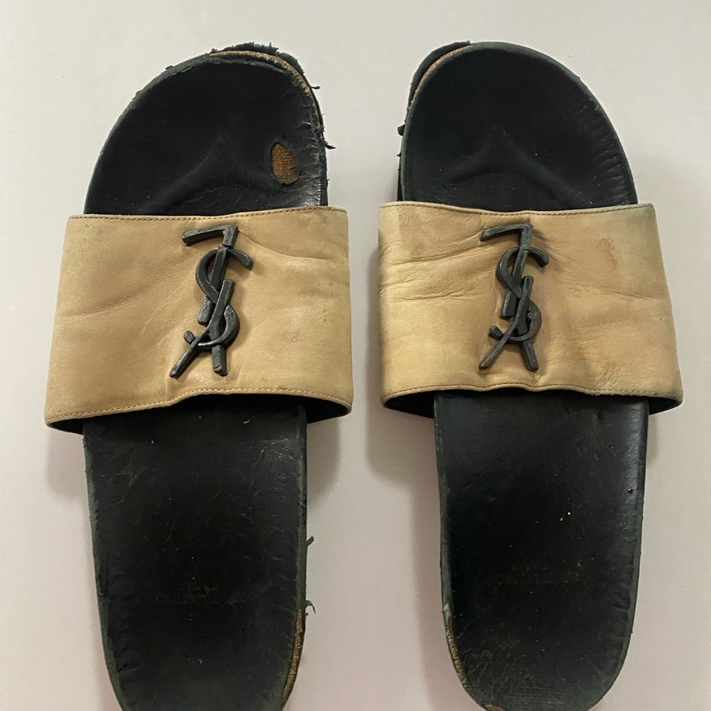 Yves Saint Laurent Men's Black and Tan Slide Sandals size 39 pre-loved loved